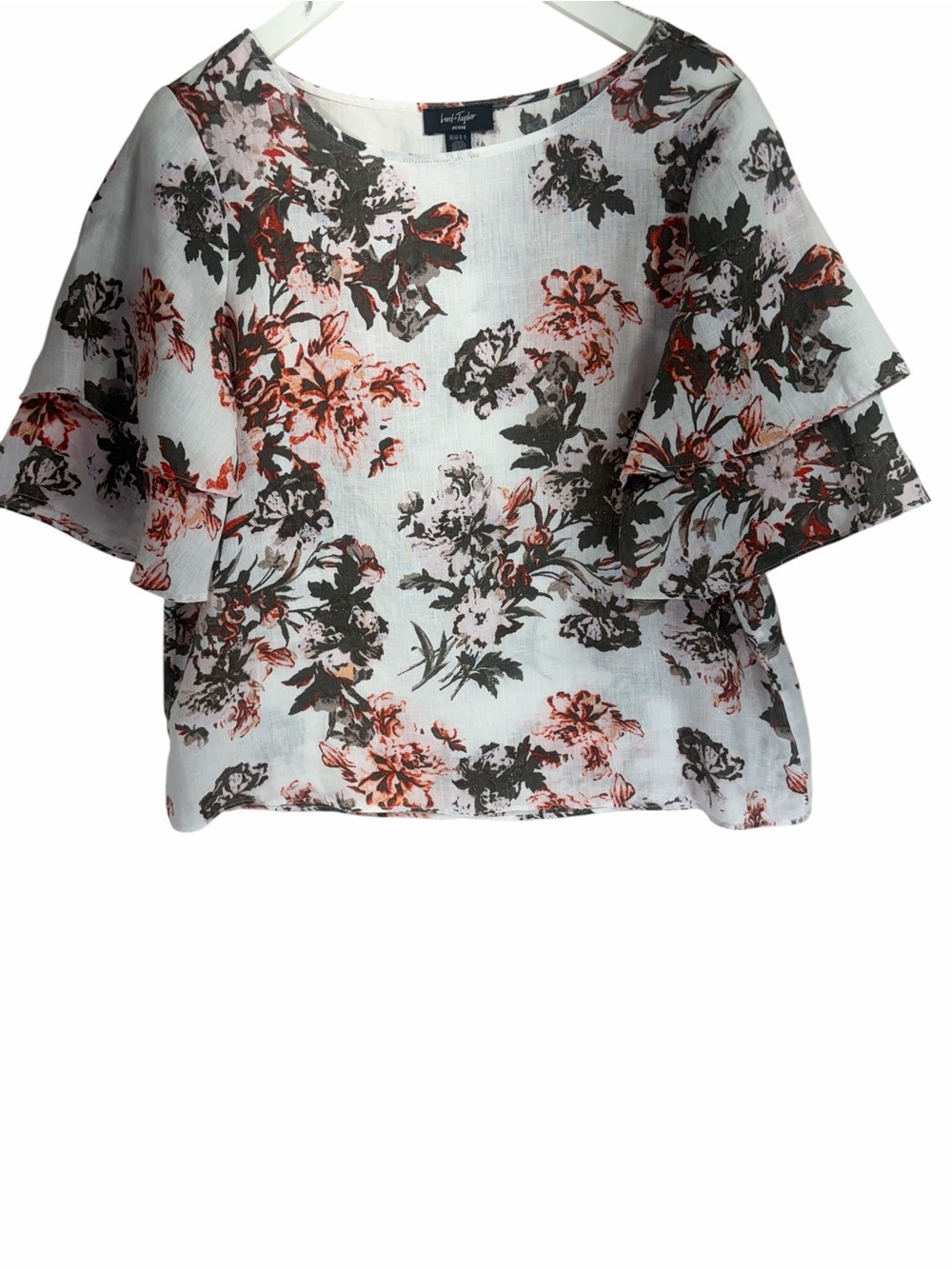 LORD & TAYLOR Floral Ruffle Sleeve Crop Top print medium petite - Picture 3 of 9